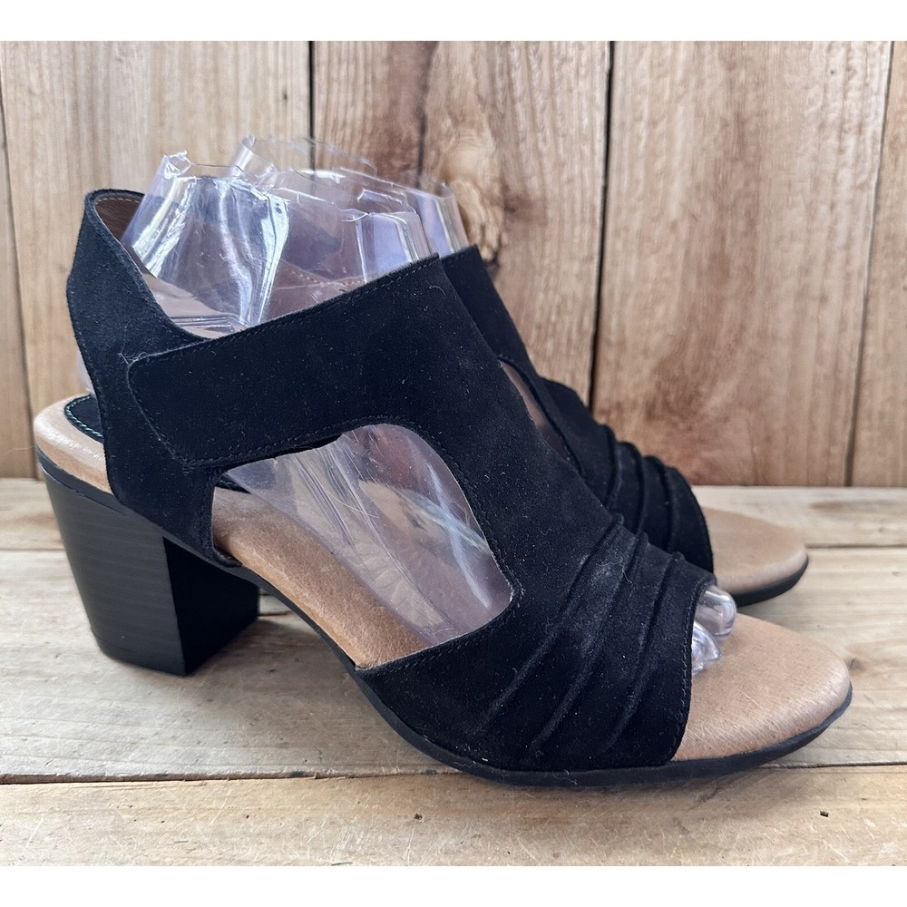 Montana Black Suede Heeled Sandals Open Toe Dressy Office BOHO Sz 9.5 M